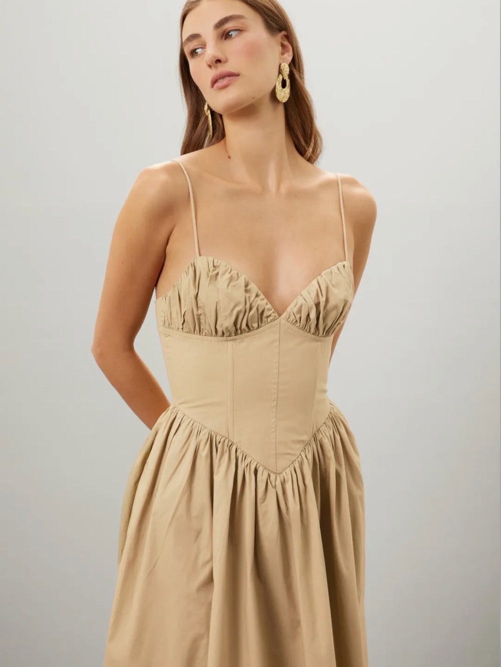 Khaki Future Collective sleeveless bustier midi dress w/ Rouched bodice